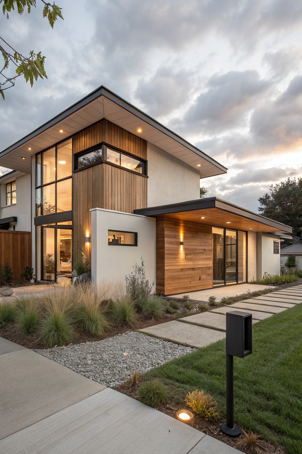 Modern two-story house exterior with beige stucco walls, vertical brown wood cladding on upper corner and entry, large glass windows, cantilevered wood canopy over glass doors, gravel and grass landscaping, and concrete pathway.