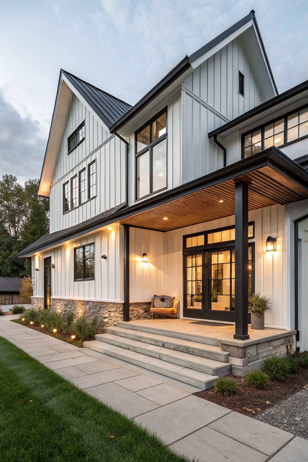Side exterior view of a two-story modern farmhouse with white vertical siding, black metal roof, covered porch featuring wood plank ceiling and black metal posts, stone base, glass entry doors, pathway, landscaping, and landscape lighting at dusk.