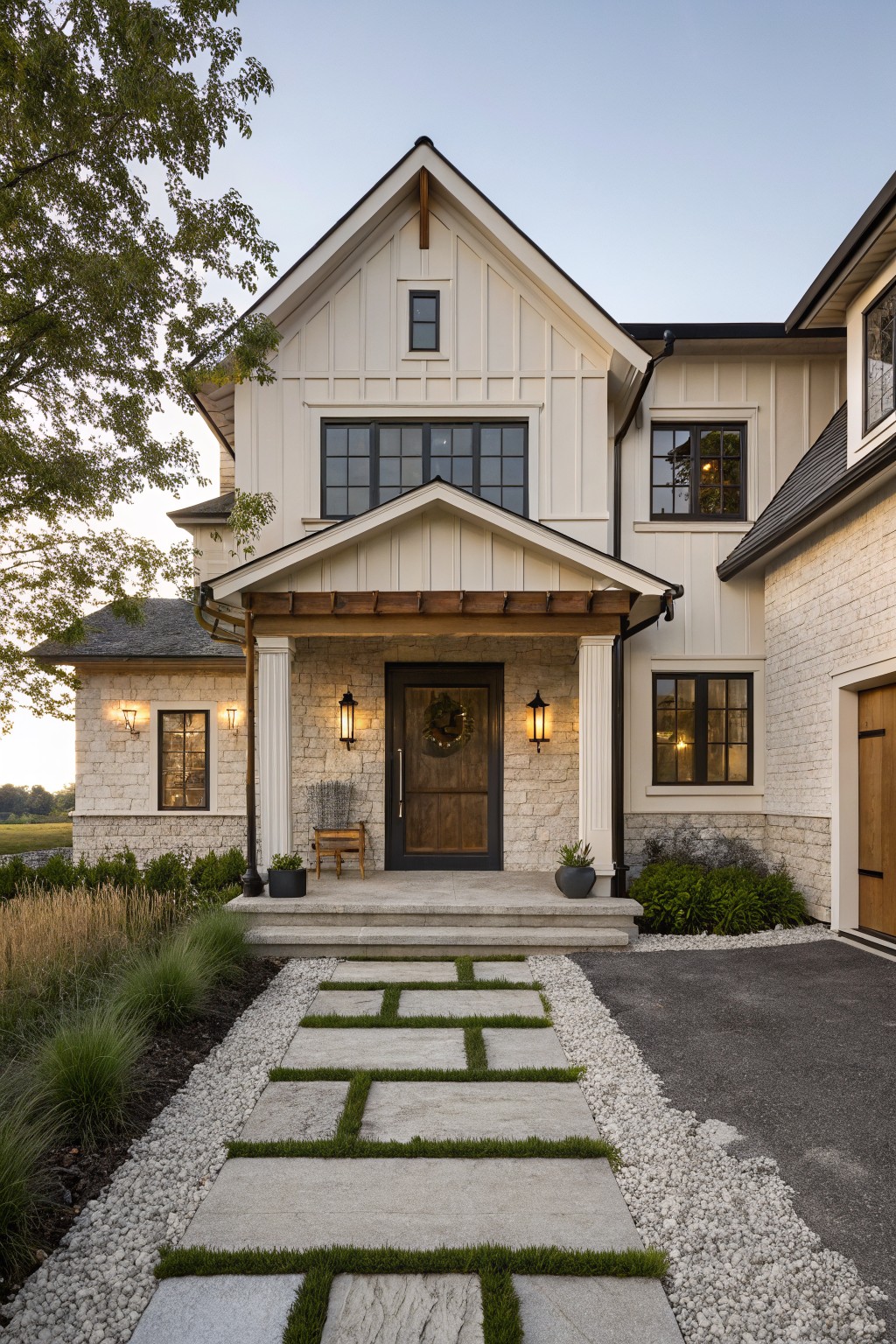 Elegant white farmhouse with stone porch, dark door, and grassy stone walkway.