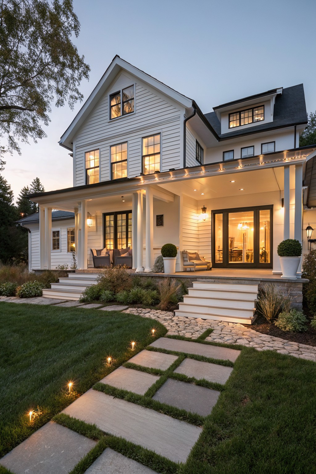 Two-story white clapboard farmhouse exterior at dusk with black roof, black-framed windows and doors, covered front porch with columns and seating, steps, lit stone pathway, grass lawn, and shrubs.
