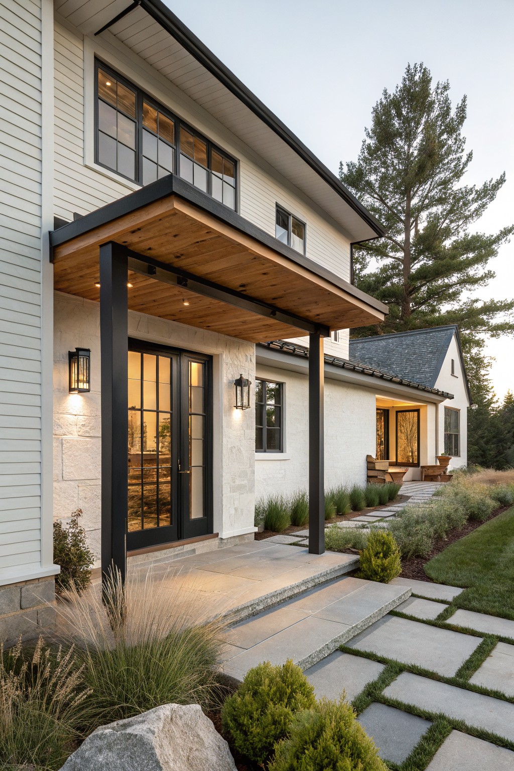 Side exterior view of a modern farmhouse house with white shiplap siding, beige stone base, black-framed glass entry doors under a covered porch with black steel columns and exposed wood beam ceiling, stone paver steps and path with grasses and shrubs leading to the door.