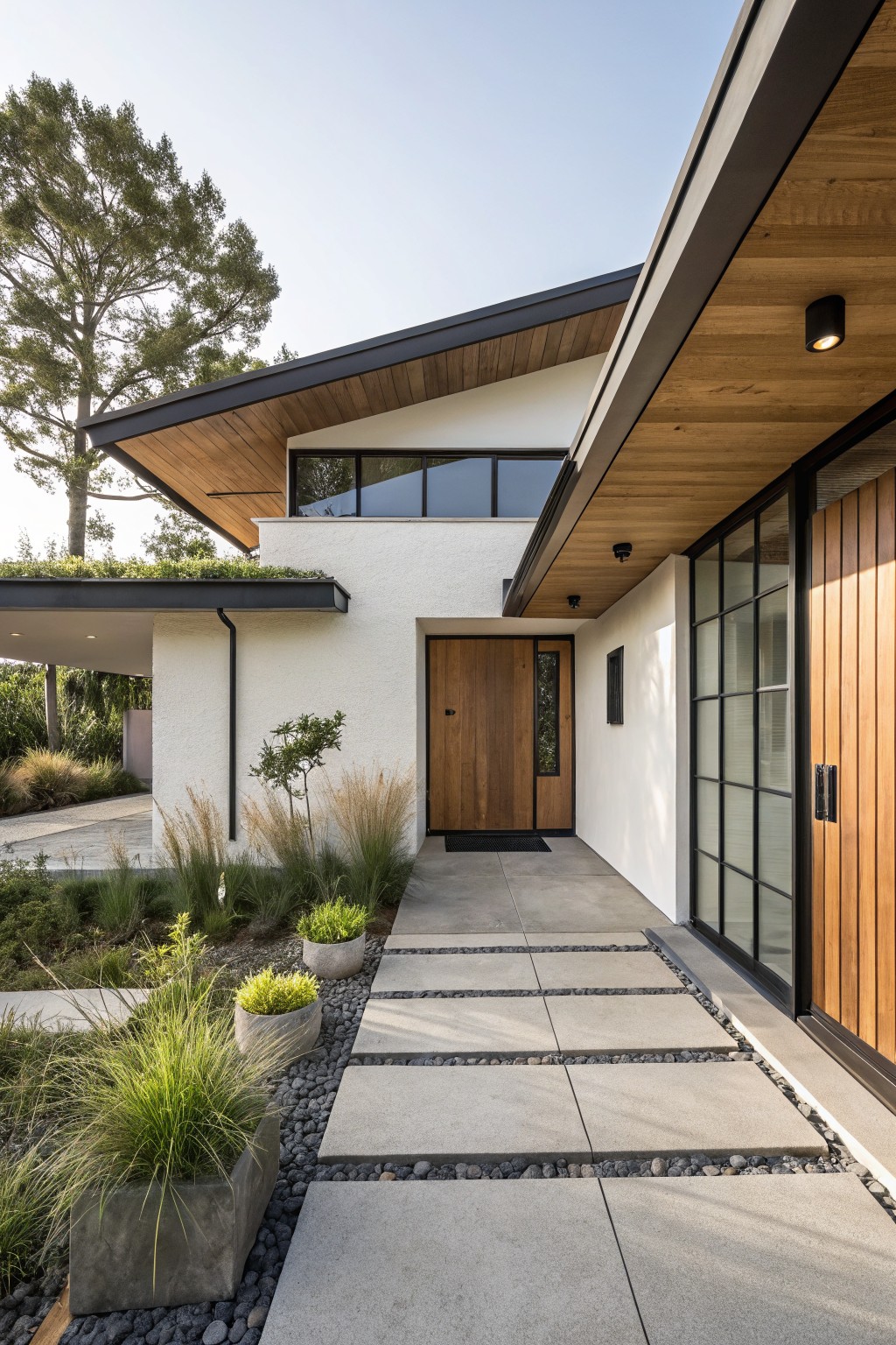Modern white home entrance with wooden door and stone pathway.