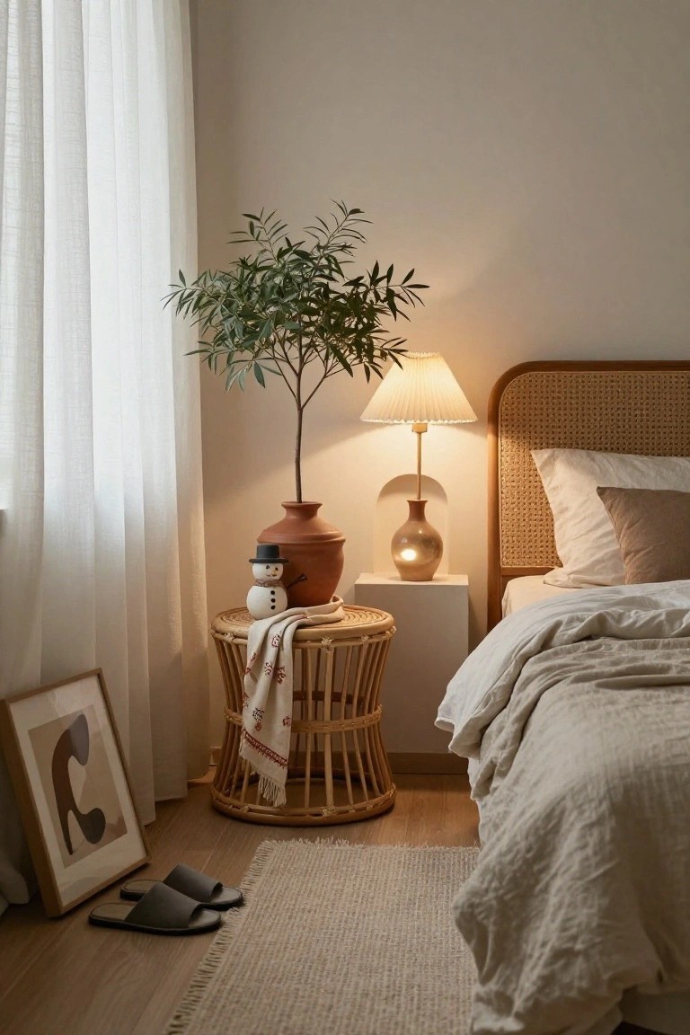 Bedroom corner showing a rattan stool table with a white snowman figurine, terracotta pot with olive tree, folded towel, next to a white cube nightstand with lamp, cane headboard bed with beige linens, sheer curtains, framed art, and slippers on wooden floor.