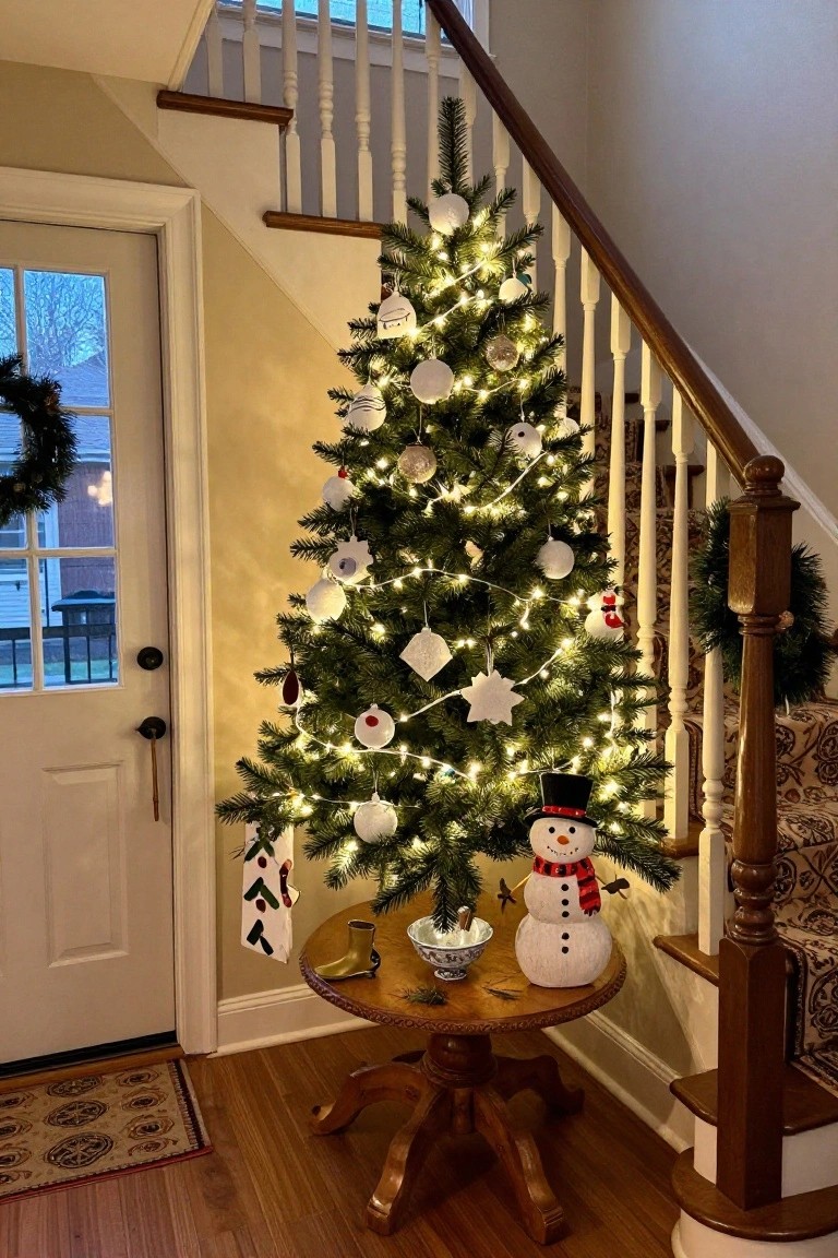 A slim lit Christmas tree decorated with white snowman ornaments stands in a home entryway corner next to wooden stairs, with a snowman figurine on a round wooden table at the base, a front door with wreath visible, and warm wood floors.
