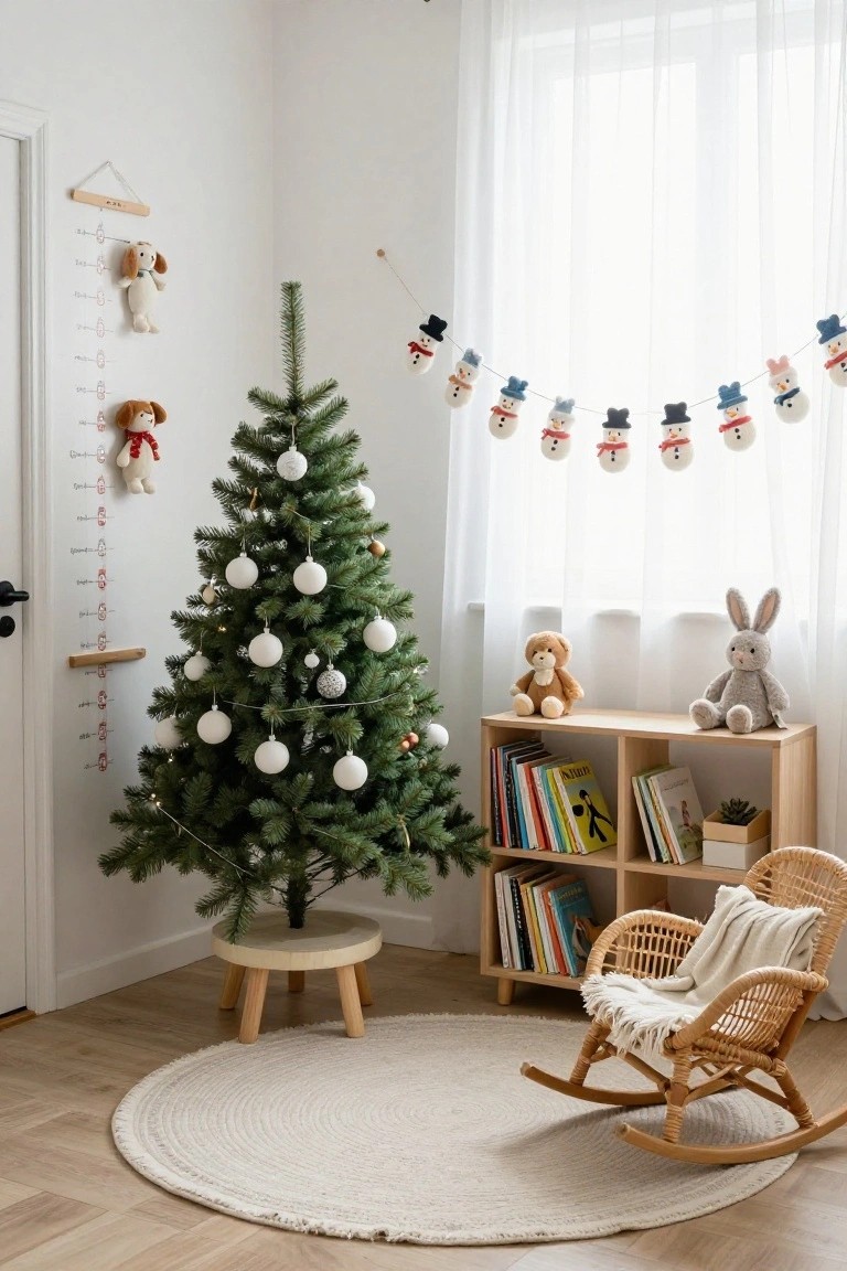 Small artificial Christmas tree decorated with white ornaments in a nursery corner next to a wooden bookshelf, rocking chair, height chart with dog toys, and snowman garland over a window.