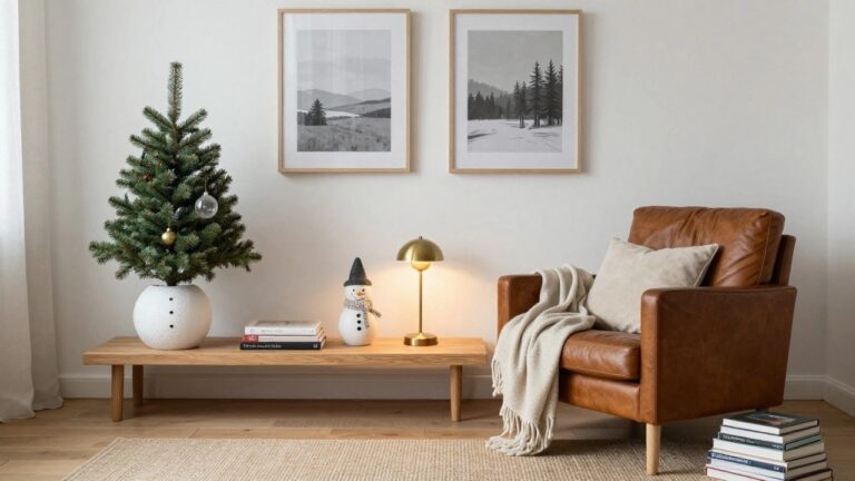 Living room corner with a lit Christmas tree decorated in white and gold ornaments next to a large white snowman figurine wearing a black hat and red scarf, flanked by leather armchairs, books, and a gold lamp on a side table.