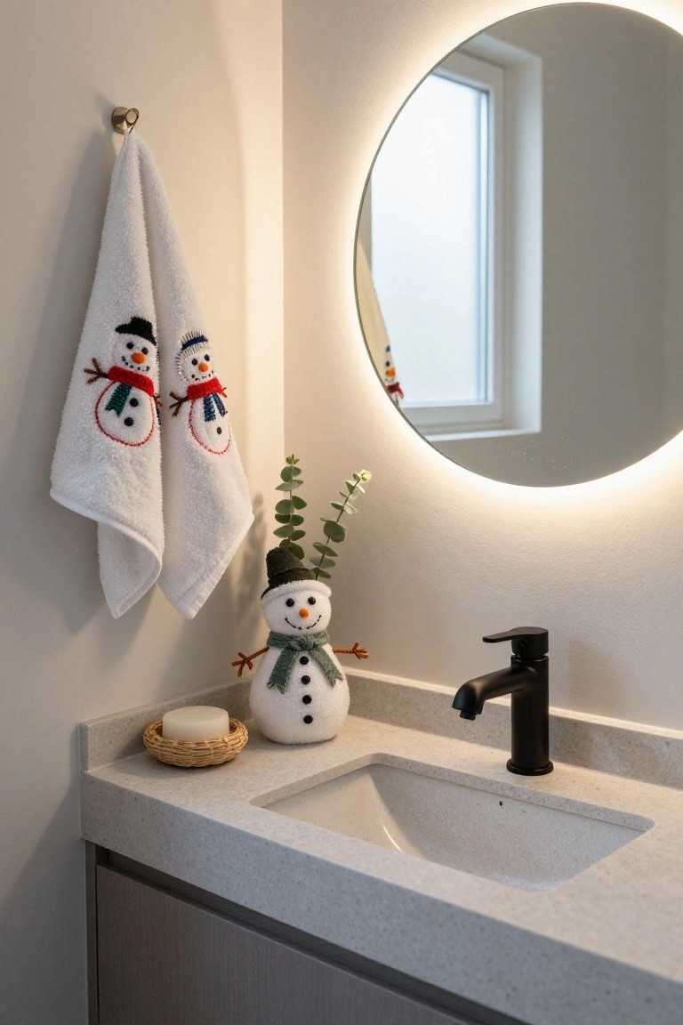 Modern bathroom with white quartz vanity and sink, black faucet, round backlit mirror, two white embroidered snowman hand towels on brass hook, small snowman figurine with eucalyptus, and soap dish on counter.