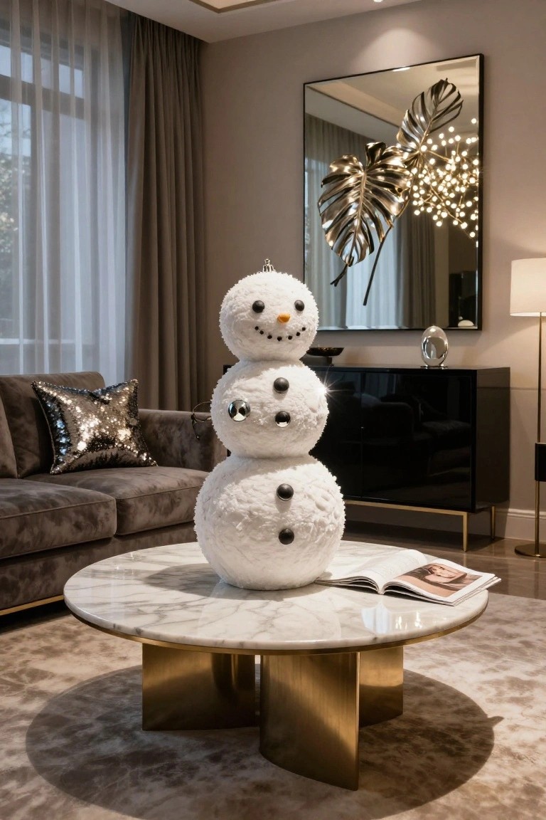 A large three-tiered fluffy white snowman with black button eyes, orange carrot nose, and shiny buttons stands on a round white marble coffee table with gold legs in a modern living room with gray velvet sofa, sequin pillows, black credenza, and large mirror with gold leaf decor.