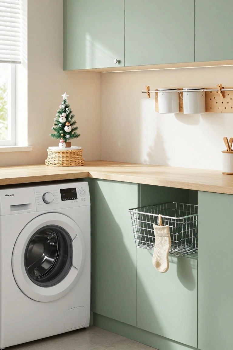 Small artificial Christmas tree with snowman and ornament decorations on a woven basket atop wooden countertop in green cabinet laundry area next to white front-load washing machine and wire basket with stocking.