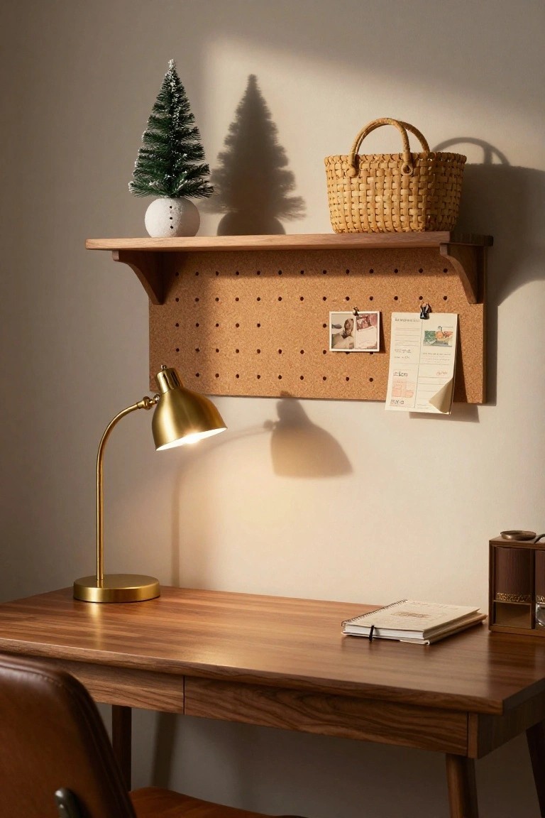 Wooden desk with leather chair, gold desk lamp turned on, open notebook, and small wooden box in a beige room; above the desk, corkboard with pinned photos and papers, wooden shelf holding small flocked Christmas tree with snowman base and woven basket.
