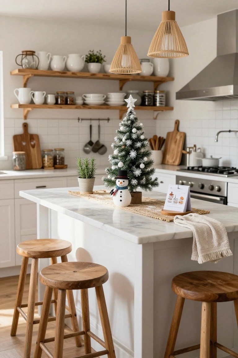 White kitchen with marble island, wooden stools, small flocked Christmas tree, snowman figurine, rattan placemat, and neutral decor elements.