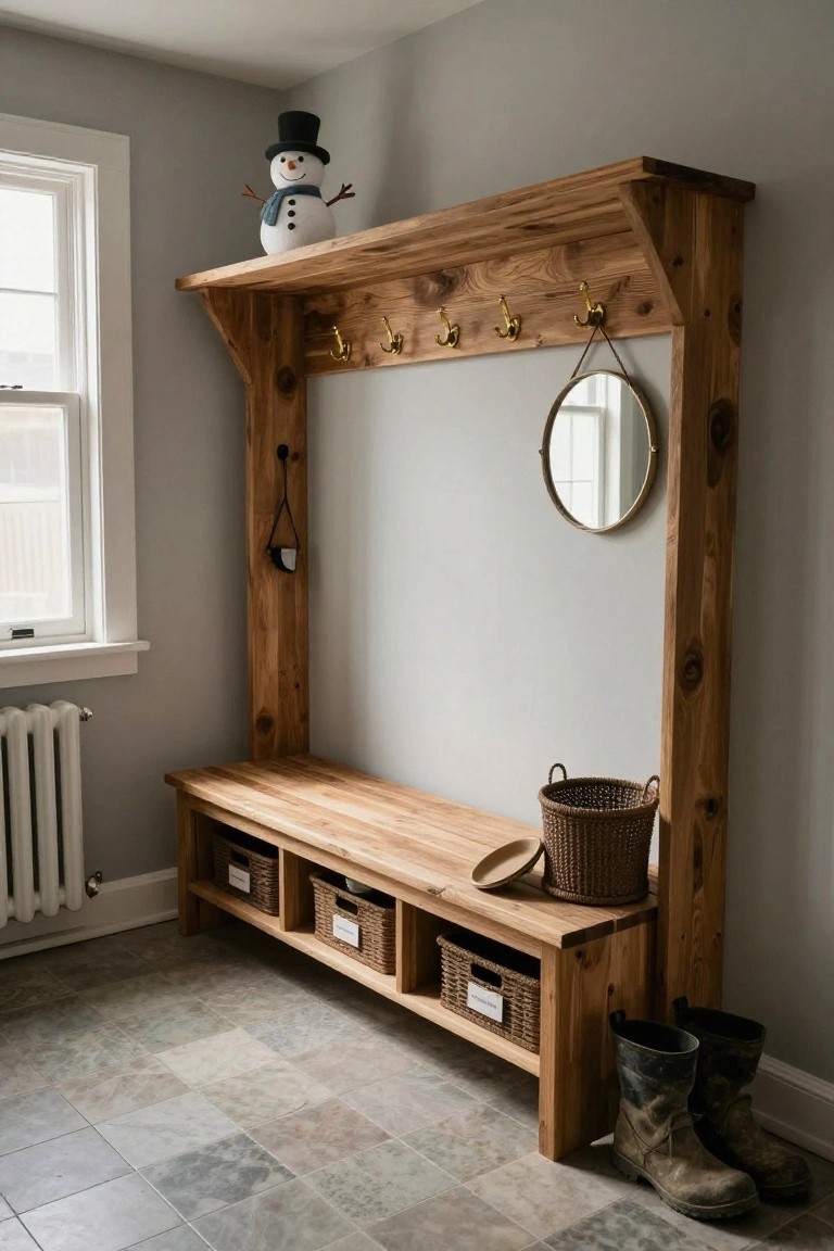 Rustic wooden entryway bench with under-seat storage cubbies containing wicker baskets, overhead coat hooks, a round mirror on the wall, a snowman figurine on top shelf, rubber boots on floor, and gray walls in a room with radiator and window.