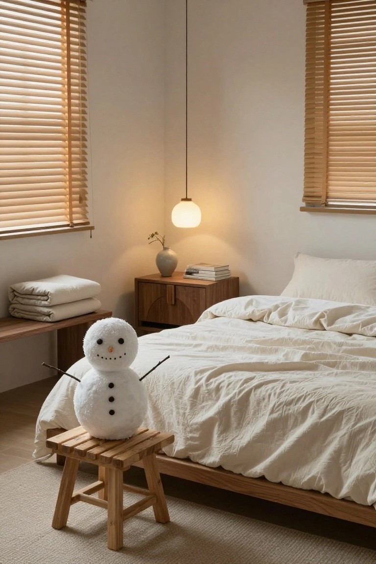 A white plush snowman with black eyes, orange carrot nose, and stick arms sits on a low wooden stool next to a low wooden bed with rumpled white linens in a minimalist bedroom with wooden blinds and a wooden nightstand.