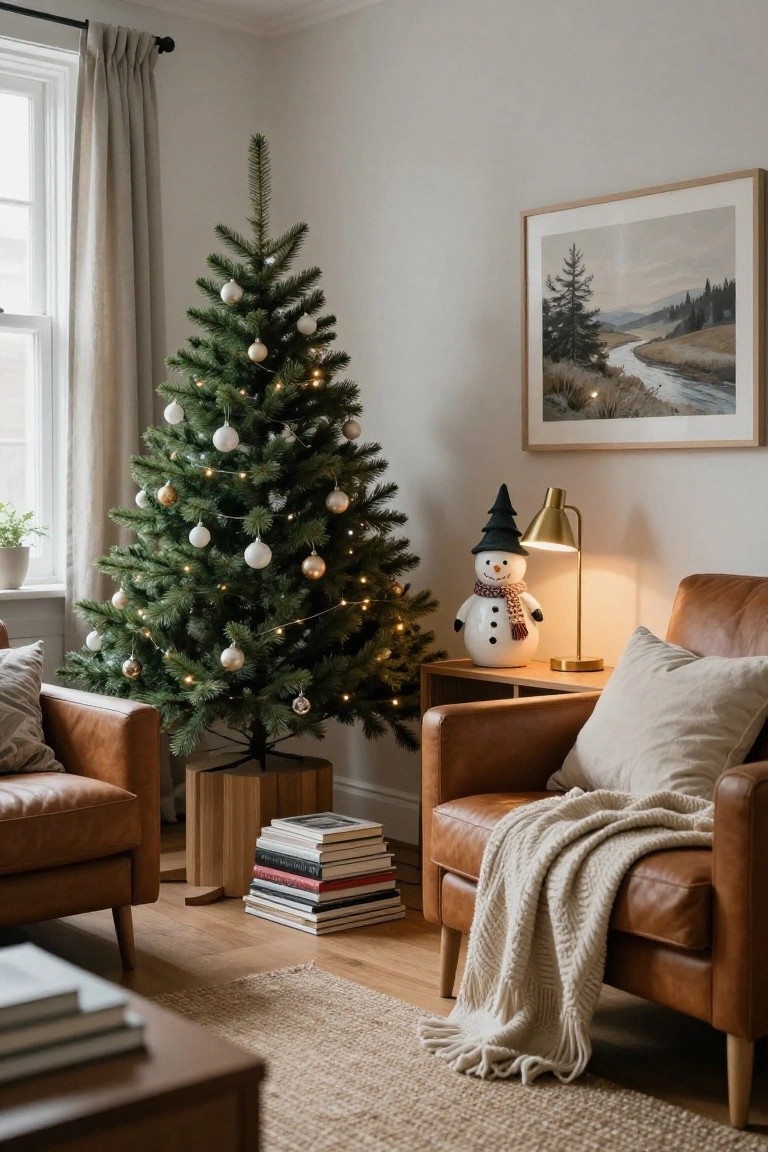 Living room corner with a lit Christmas tree decorated in white and gold ornaments next to a large white snowman figurine wearing a black hat and red scarf, flanked by leather armchairs, books, and a gold lamp on a side table.