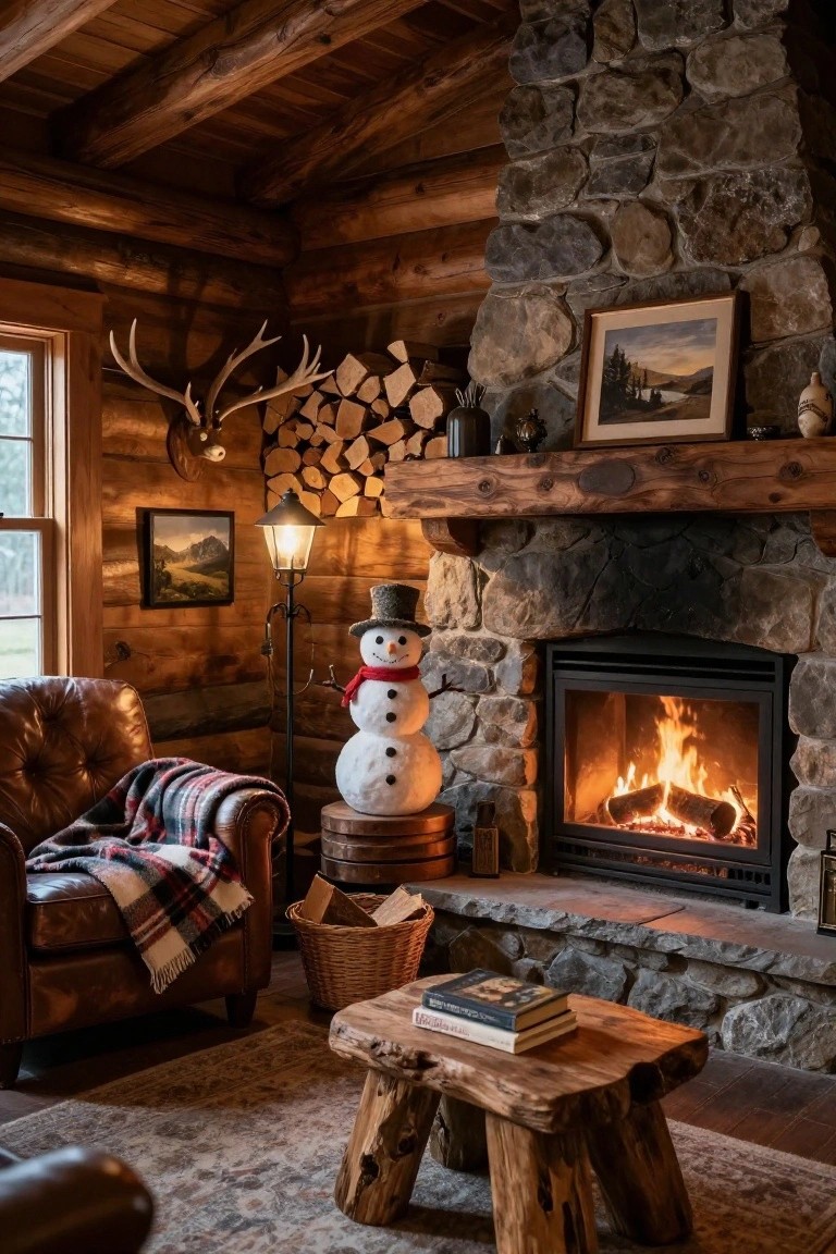 Log cabin living room interior with stone fireplace burning brightly, tall snowman figure on wooden stool beside it, leather armchair draped with plaid blanket, wooden stool holding books, antlers on wall, warm lamp light.