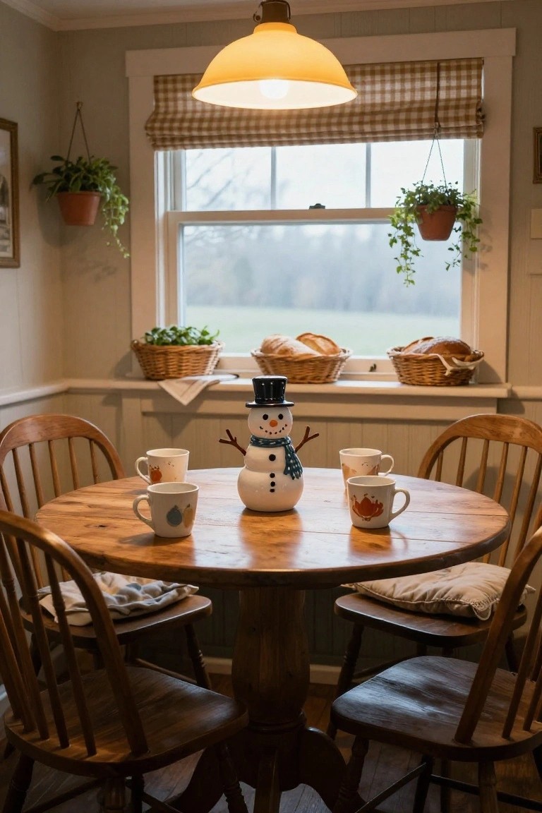 Wooden round dining table in a light-colored kitchen with a white snowman figurine as centerpiece, four mugs around it, wooden chairs, window sill with bread baskets and plants, and hanging pendant light.