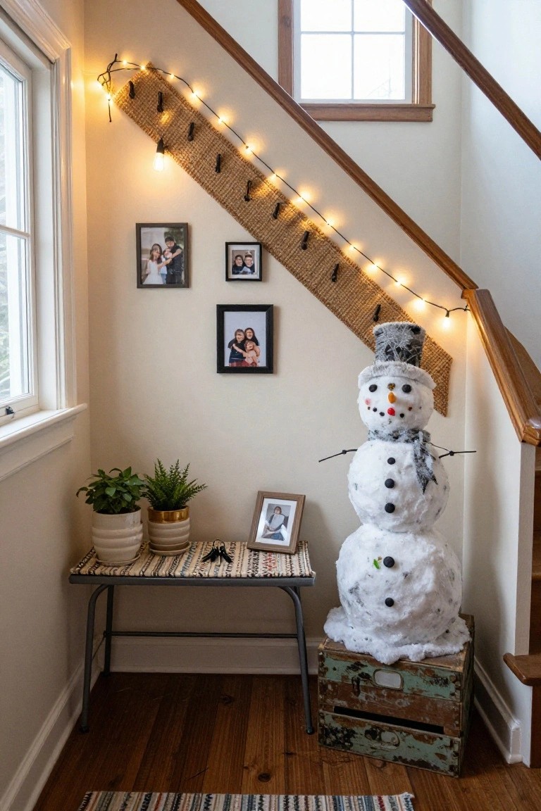 Tall white snowman figure on a wooden crate next to wooden stairs in a beige interior corner, with string lights on a sisal runner holding clipped family photos, plants on a table, and a woven rug on the floor.