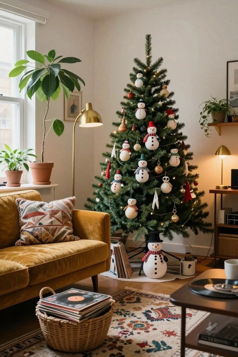 Living room corner with a lit Christmas tree covered in white snowman ornaments, yellow velvet sofa, potted plants, gold lamps, and stacks of vinyl records nearby.