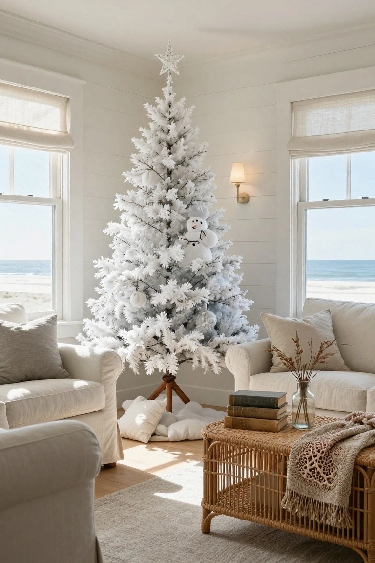 Tall white flocked artificial Christmas tree decorated with snowman figures and white ornaments in a beige living room with linen sofas, rattan coffee table, and windows showing ocean view.