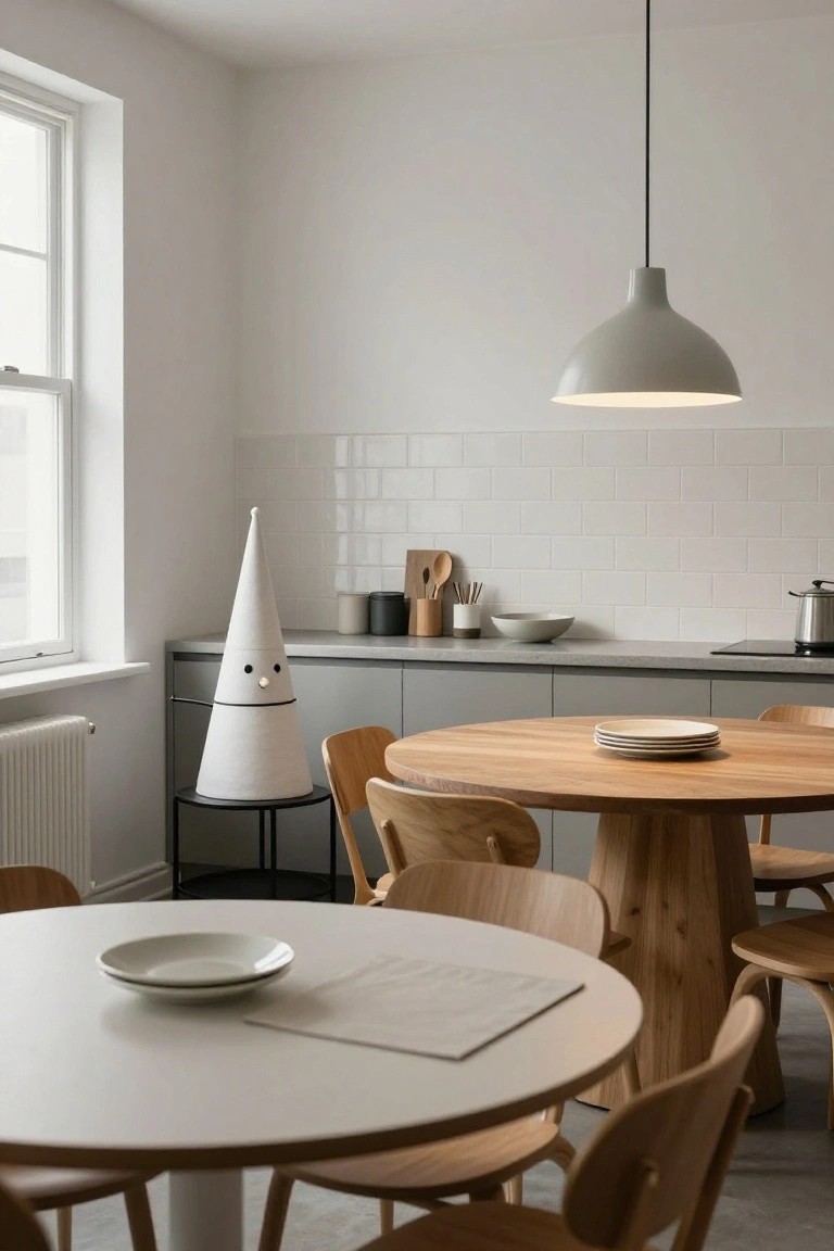 Light-filled modern kitchen with white subway tile backsplash, gray lower cabinets, wooden round dining tables and chairs, and a tall white conical snowman sculpture on a black metal stand.
