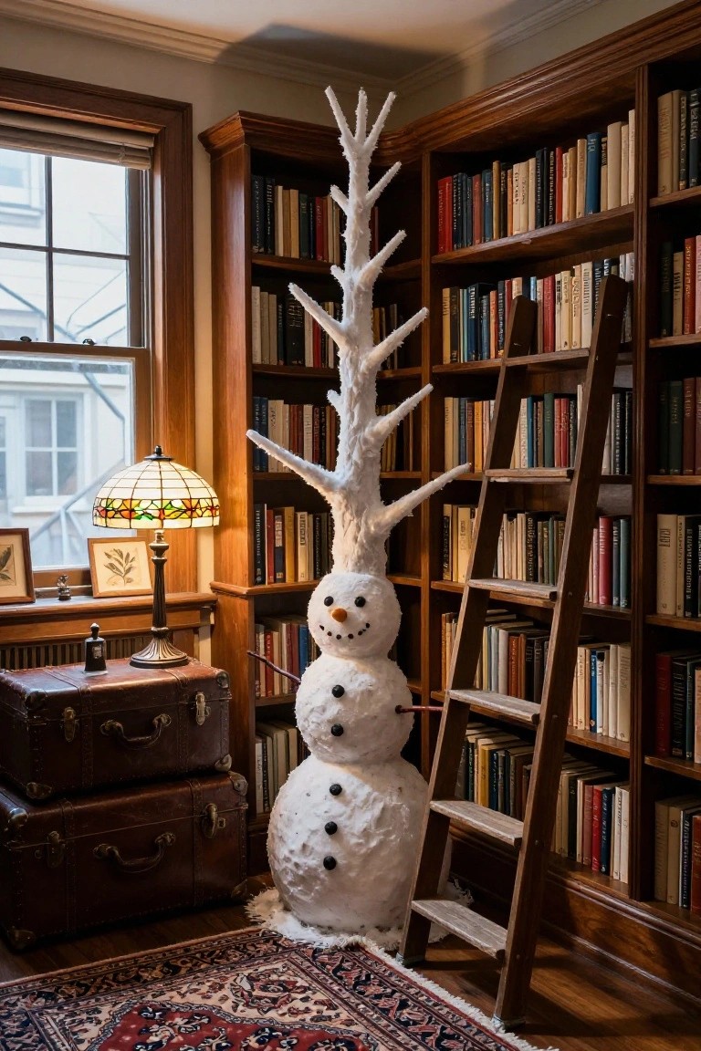 A tall snowman-shaped Christmas tree with white branches and a smiling face stands in the corner of a wood-paneled library with floor-to-ceiling bookshelves, a wooden rolling ladder, stained glass lamp, and two leather suitcases on a Persian rug.