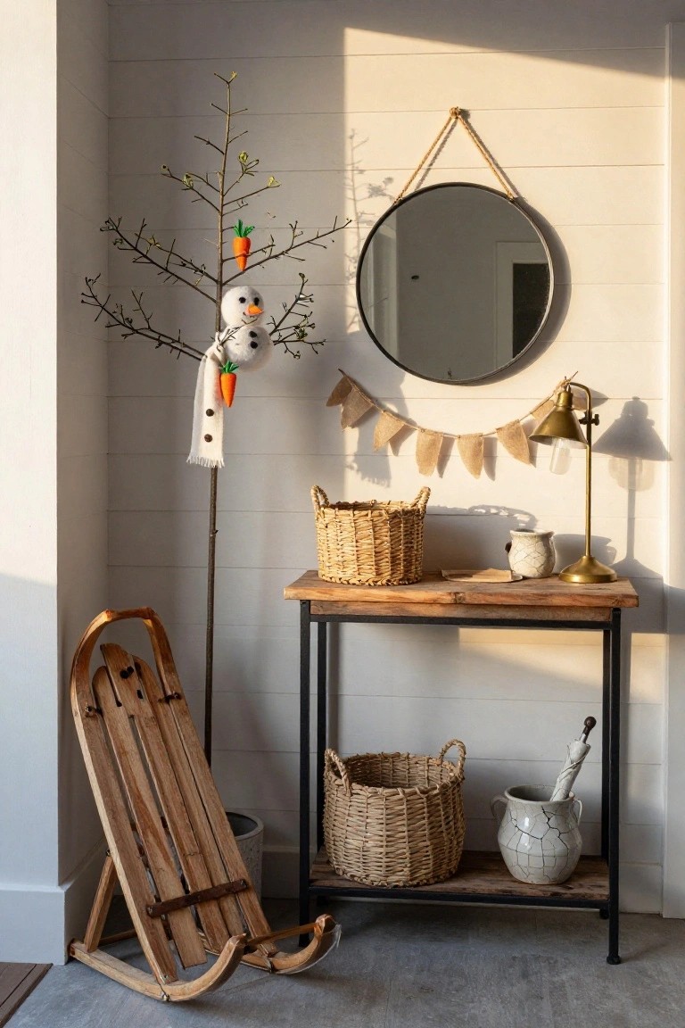 Indoor corner setup with a tall slender twig tree topped by a white crocheted snowman holding a carrot, orange carrots on branches, round rope-hung mirror on shiplap wall, wooden console table with wicker baskets and white pottery, leaning wooden sled, brass lamp, and burlap garland.