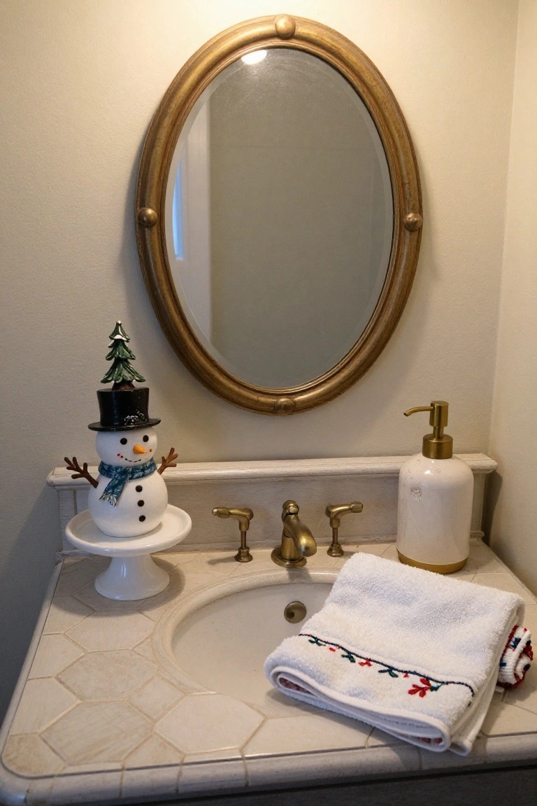 Small white snowman figurine wearing a black top hat topped with a green Christmas tree and blue scarf stands on a white pedestal next to a bathroom sink with gold faucets, white soap dispenser, folded white towels with red and green embroidery on beige tiled counter, and oval gold mirror above.