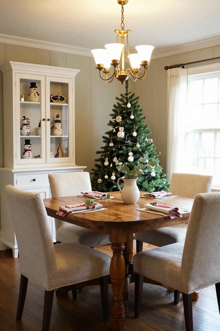 Dining room with a green Christmas tree decorated with snowmen and balls, wooden table set with plaid napkins and a white pitcher of greenery, beige upholstered chairs, and white hutch filled with various snowman figurines on shelves.