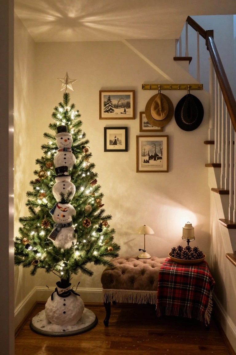 A small lit Christmas tree decorated with four stacked snowman figures stands in an interior corner near a wooden staircase, with a tufted bench, plaid throw, pinecone bowl, vintage frames, and hats on wall hooks.