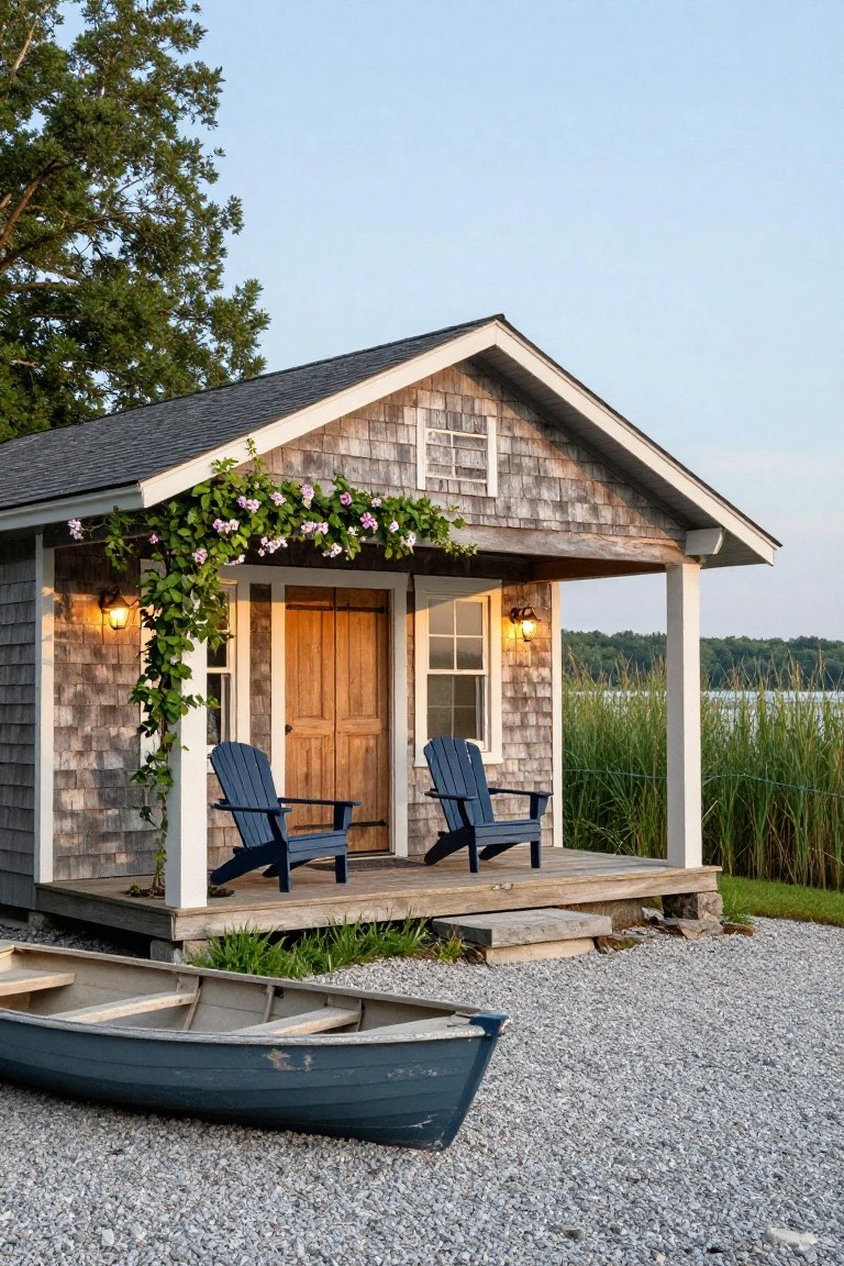 Gray shingle-sided cottage with gabled roof, wooden double doors, small-paned window, climbing pink-flowered vines, two blue Adirondack chairs on porch, lanterns flanking door, blue canoe on gravel foreground, lake and reeds in background.