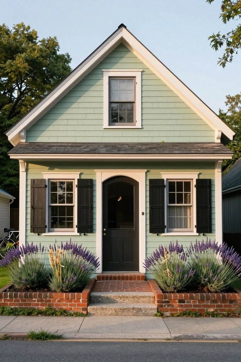 Cottage Entry Framed by Lavender Beds