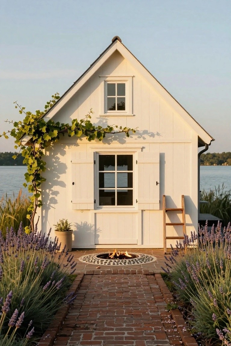 White clapboard gable-roofed cottage with climbing grape vine on one side, wooden shutters on the window and door, brick path leading to a fire pit ringed by lavender plants, ladder leaning nearby, lake in background at dusk.
