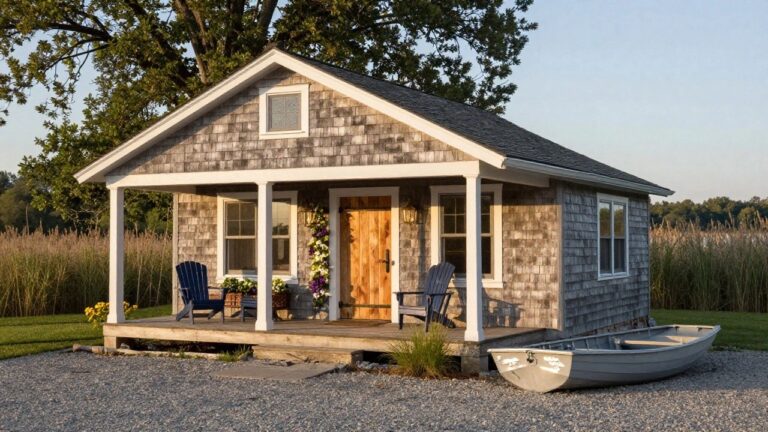 Gray shingle-sided cottage with gabled roof, wooden double doors, small-paned window, climbing pink-flowered vines, two blue Adirondack chairs on porch, lanterns flanking door, blue canoe on gravel foreground, lake and reeds in background.