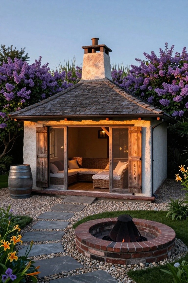 Small white stucco pavilion with open wooden shutters, rattan lounge seating inside, large wooden wine barrel outside, surrounded by purple lilac bushes and yellow daylilies, slate path leading to brick fire pit in pebbled garden at dusk.