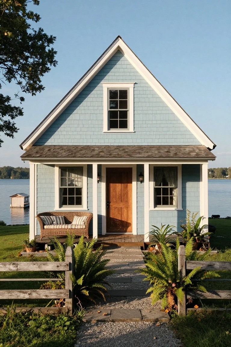 Light blue shingle-sided gabled cottage with covered porch, wicker bench, ferns flanking stone path, wooden dock on lake in background.