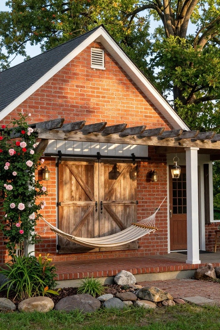 Red brick gabled garage with large sliding wooden barn doors, wooden pergola draped in pink climbing roses, hanging hammock, lanterns, small porch, and landscaped base with plants, rocks, and pavers.