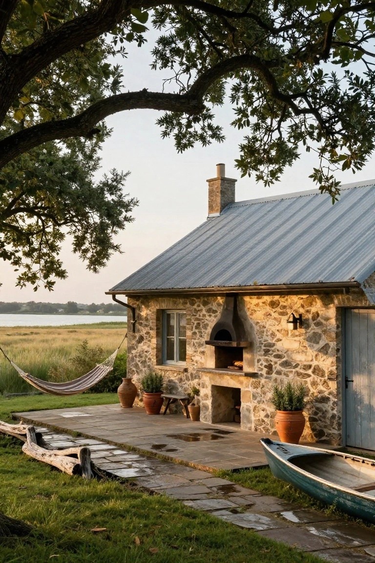 Stone cottage exterior with built-in wood-fired oven on a stone patio, hammock hanging nearby, potted plants, wooden stool, canoe on grass, large tree branches overhead, lake and marsh in background.