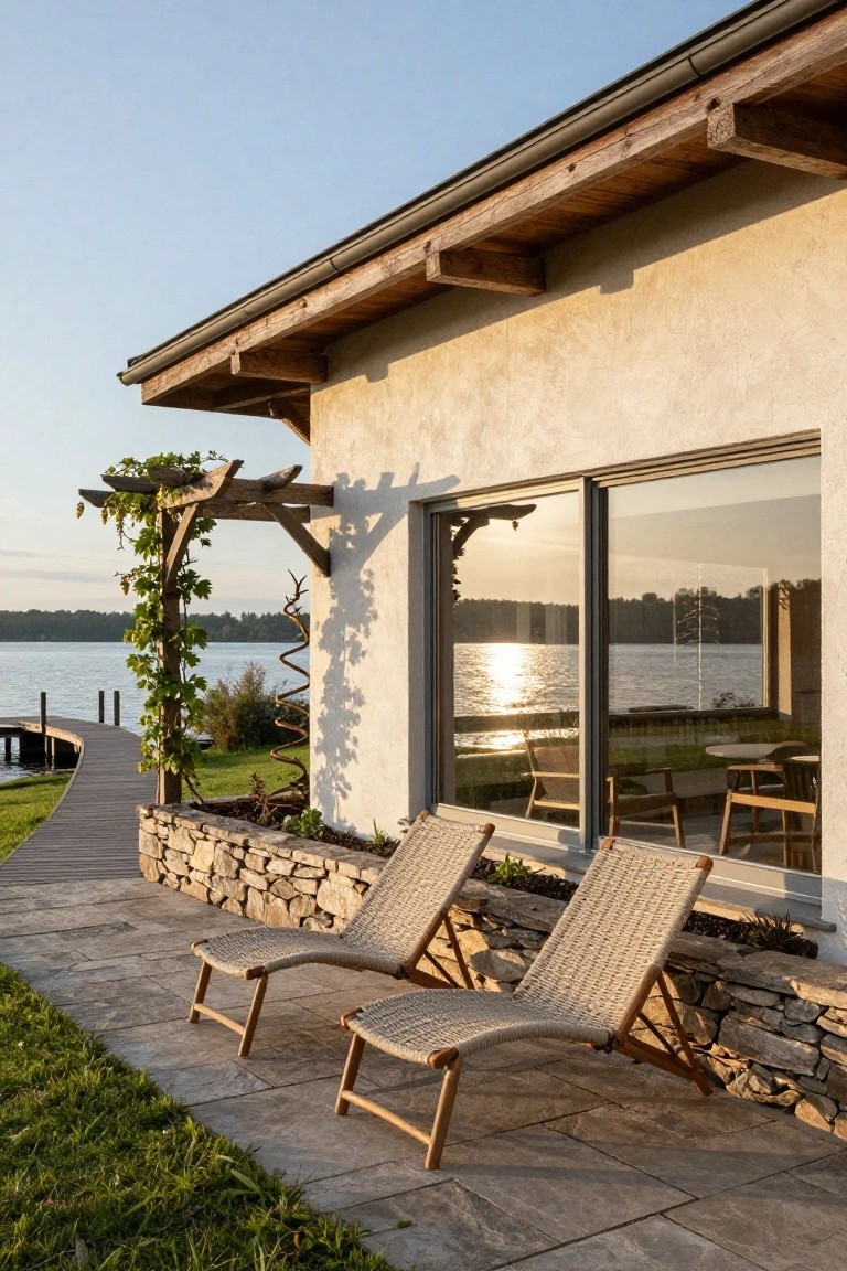 Beige stucco lake house exterior with wooden pergola draped in green vines, two beige woven loungers on gray stone paver terrace next to stone retaining wall, glass windows reflecting sunset over lake, and wooden dock path extending into water.