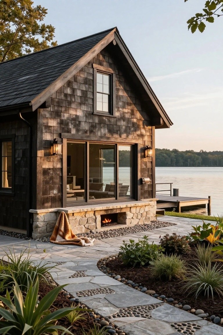 Dark shingle siding on a lakeside cottage with a light stone base extending to an outdoor fireplace terrace, large sliding glass doors, potted plants, pebble-bordered path, wooden dock, and calm lake waters at sunset.