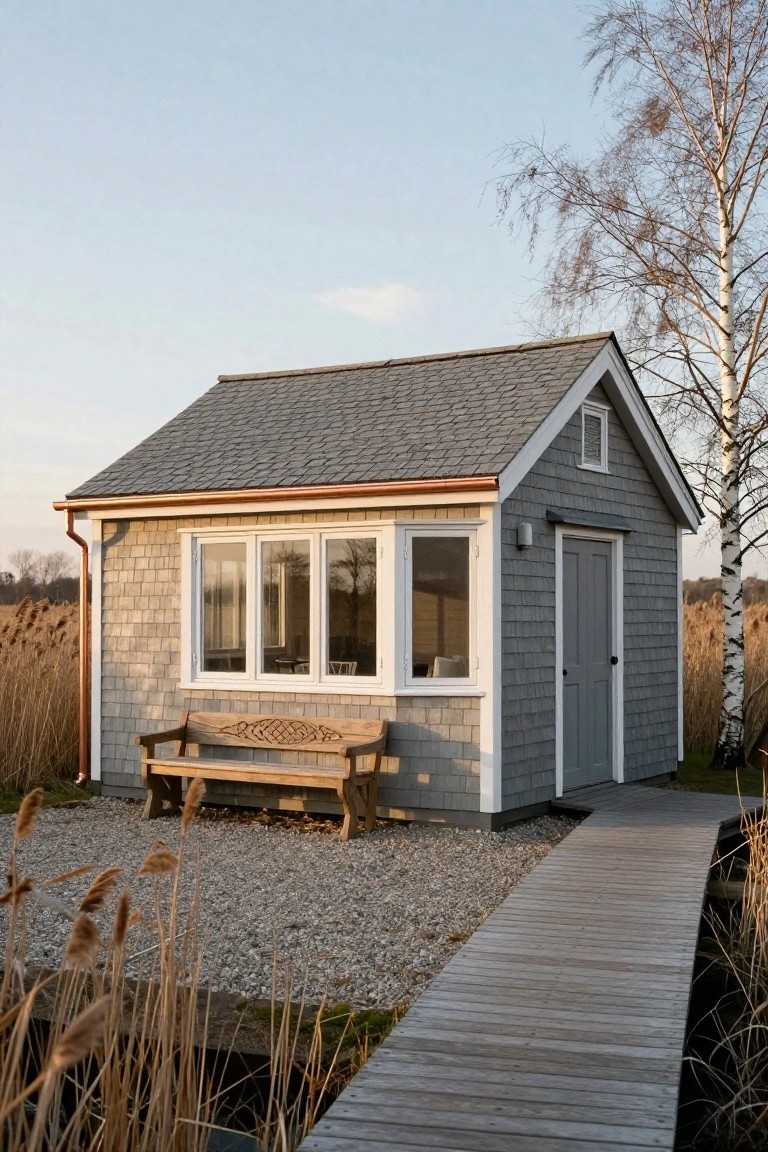 Gray shingled cottage with gabled roof, copper gutters, triple window, wooden bench, gray door, and boardwalk path amid reeds, gravel, and birch trees near water.
