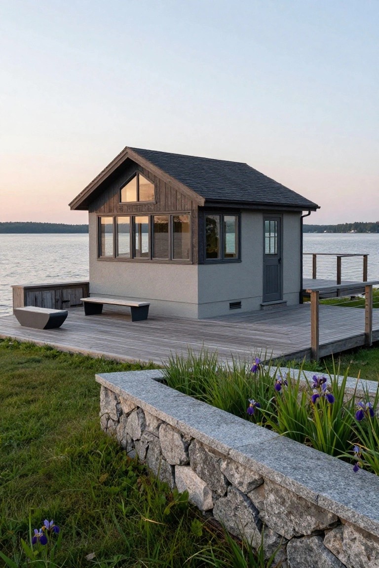 Small gray-sided cabin with dark shingled gable roof, wood cladding accents, and large windows, positioned on a wooden dock extending over a lake, with concrete benches on the deck and a stone retaining wall planted with purple iris in the foreground.