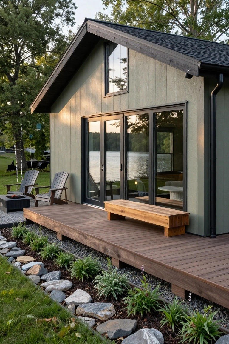 Green vertical-sided cabin with gabled black roof and large black-framed glass doors opening to a brown wooden deck overlooking a lake, with two Adirondack chairs, black fire pit, wooden bench on deck, and base edged in rocks, gravel, mulch, and low plants.