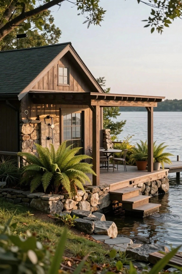Small wooden cabin with green metal roof and stone foundation sits on a rocky lakeside shore, featuring a covered porch with table, chairs, potted ferns, and wooden steps descending to the water.