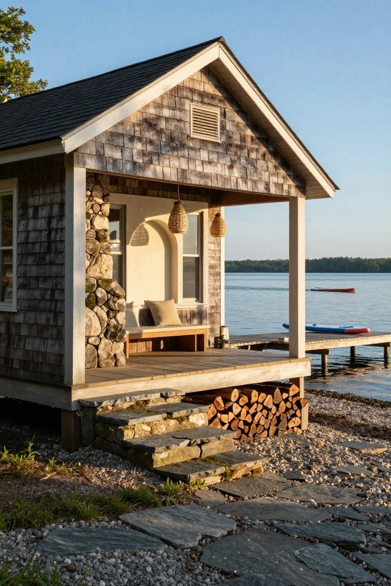 A small shingle-clad cottage with a fieldstone base and covered porch elevated on a wooden deck above a lake, with a dock extending into the water, firewood stacked nearby, and stone steps leading up.