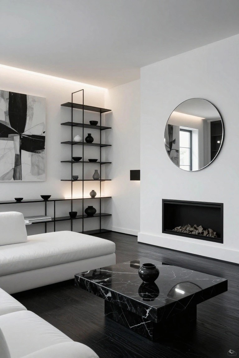 Modern living room featuring white walls, black metal open shelving units with ceramic vases and bowls, white sofa, black marble coffee table, round mirror, and gas fireplace with logs.