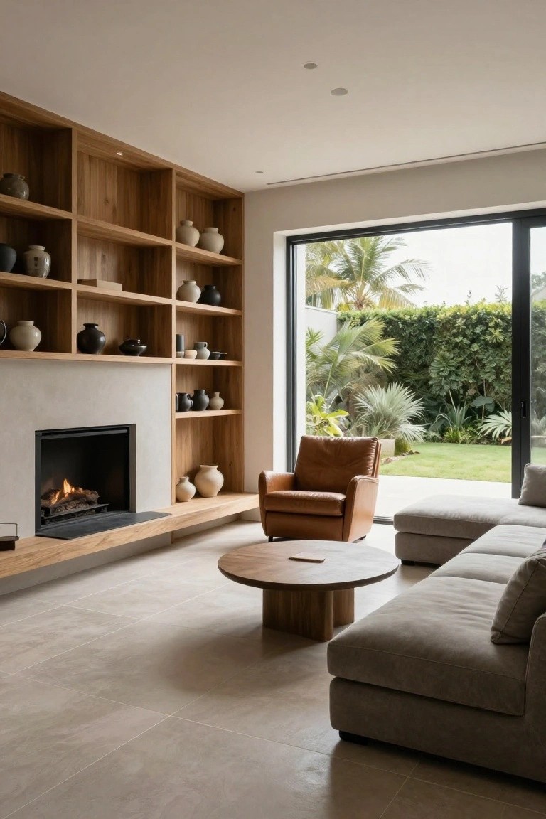 Modern living room featuring tall oak built-in shelving around a gas fireplace displaying ceramic pottery, with a tan leather armchair, round oak coffee table, gray L-shaped sofa, and large glass sliding doors to a lush garden.