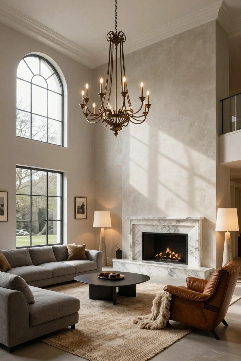 Tall living room interior with high ceilings, brass multi-arm chandelier, light gray L-shaped sofa, black coffee table, tan leather armchair with fur throw, marble fireplace, two white floor lamps, textured beige walls, large black-framed windows overlooking trees and lawn, and metal balcony railing overhead.