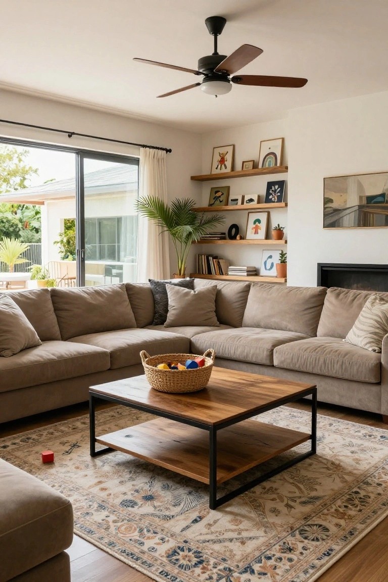 A large beige L-shaped sectional sofa surrounds a square wooden coffee table with black metal frame and wicker basket of toys in a bright living room with patterned rug, floating wooden shelves displaying art and plants, ceiling fan, and sliding glass doors to an outdoor patio with greenery.