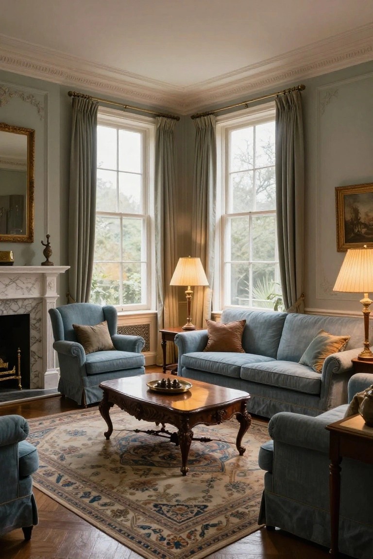 Corner view of a traditional living room with pale green walls, teal blue wingback armchairs flanking a marble fireplace, matching sofa opposite, carved wooden coffee table on a patterned rug, brass lamps, and large curtained windows.