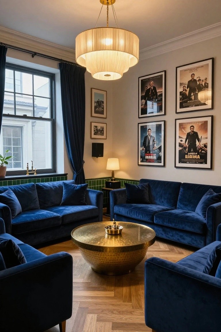 A living room with navy blue velvet sofas in a U-shaped arrangement around a large hammered brass coffee table, walls lined with movie posters, large windows with blue curtains, and a pendant light overhead.